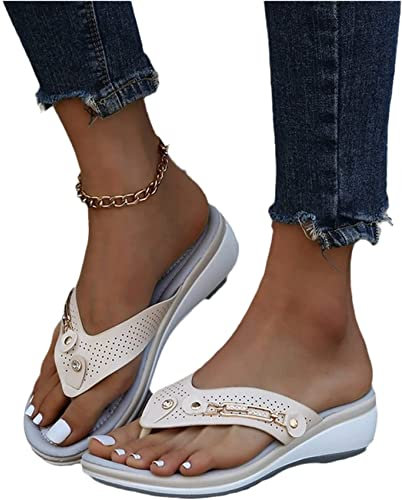 EXECAB Damen Orthopädische Zehentrenner Sandalen Damen Strass Flip-Flops Sommer PU-Leder Clip -Toe Pantoffeln Gummi Plateau Slippers Freizeit Strandschuhe,Beige,41