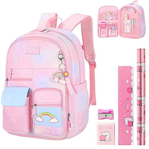 Aedcbaide Schultasche Mädchen mit Schreibwaren Set, 35L Kühlschrank Tür Kinder Rucksack für die Grundschule, Leichte Rosa Schulrucksack für 8-15 Jahre alt