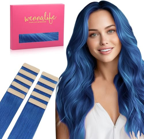 WENNALIFE Tape Extensions Echthaar, 45cm 25g 10 Stück Invisible Tape in Extensions Echthaar, Echthaar Extensions Tape, Haarverlängerung Echthaar, Remy Gerade Haarextension Echthaar #Blau