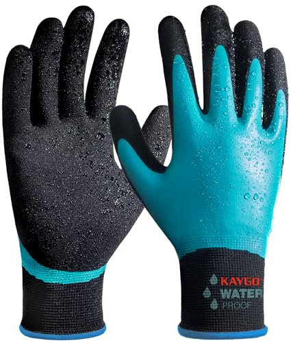 KAYGO Wasserdichte Arbeitshandschuhe für Herren und Damen mit Doppel Latex Beschichtung, Rutschfester Gut Grip für Garten Auto Waschen Fisch Reinigung (Blau, M, Gr 8, 1 Paar)