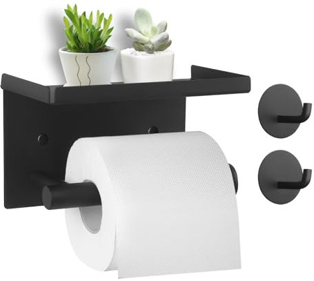 Porte Papier Toilette avec Etagère,Support Papier Toilette Mural (Perforé/Non perforé) avec 2 Crochets de Suspension, Derouleur Papier Toilette WC Inoxydable pour Salle de Bain et Cuisines(Noir)