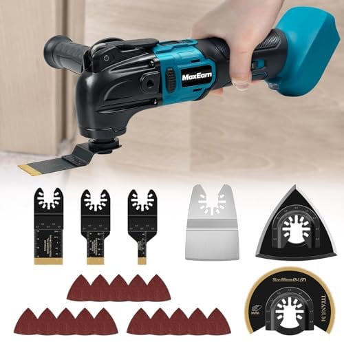 MaxEarn Cordless Oscillating Multi Tool with 6 Titanium Saw Bla-de + 15 Sandpaper, Electrical Motor Multifunction Oscillating Saw for Makita Battery, for Scraping Cutting Polishing (NO Battery)