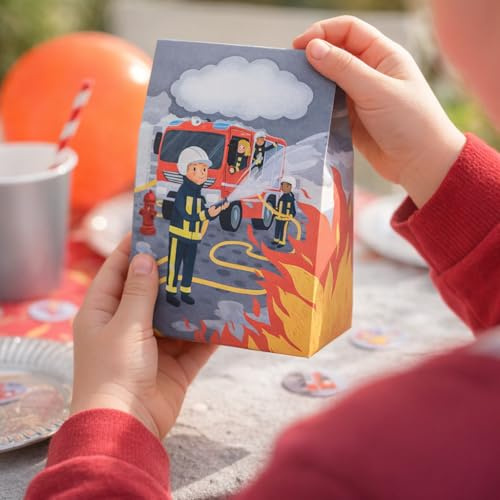 10 Stück Mitgebseltüten Feuerwehr Geburtstag - nachhaltige Tüten aus FSC Papier, hergestellt in der EU, Geburtstagstüten - Mitgebsel für Kinder - Giwe away zum Feuerwehr Kindergeburtstag