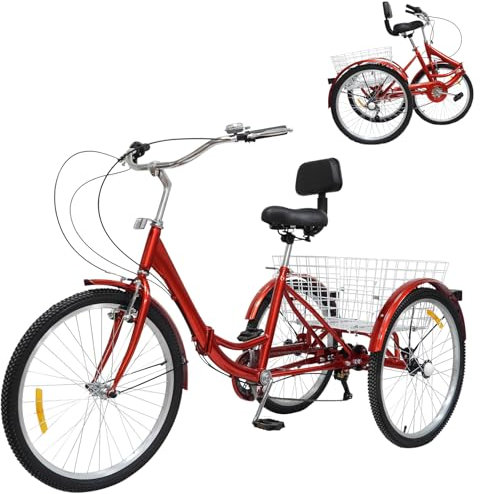 VonVVer 24 Zoll Klappbar Erwachsene Dreirad mit Rückenlehne - Erwachsene Cruiser Bikes 3 Rad Fahrrad Erwachsene Dreirad Trike Bike Radfahren mit Einkaufskorb 7 Geschwindigkeit Für Shopping(Rot)