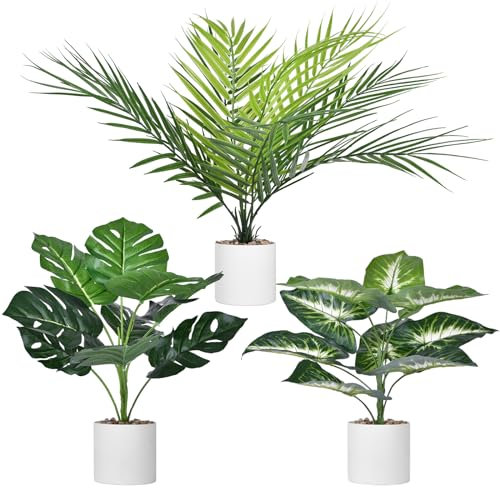 Beinhome Künstliche Tropische Pflanzen, Monstera&Areca Kunstpalme& Dieffenbachia(35cm),künstliche Pflanze für Wand, Zimmer, Zuhause, Innen- und Außenbereich, Regaldekoration, 3 Stück