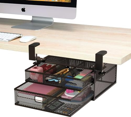 Yuehuamech Under Desk Drawer Organizer Clamp-On No Drill Mesh 2 Slide Out Drawer Table Drawer Clamp Storage Basket for Home Essentials Office Art Supply Storage Trays