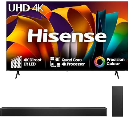 Hisense TV & Soundbar Bundle: 85A6NTUK TV with 4K Direct Lit, Quad Core 4K Processor Plus the HS2100 Soundbar with 240W Power, Surging Direct Sound