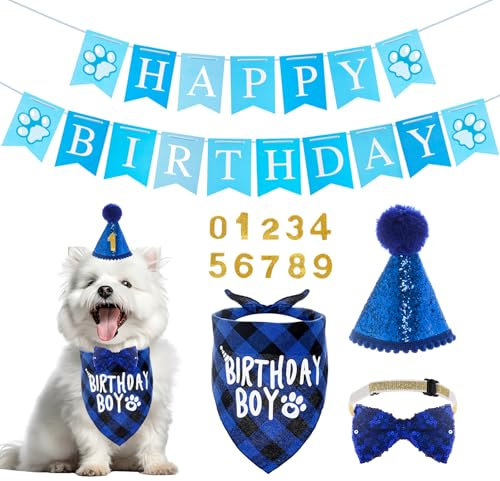 Hundegeburtstag Hut Bandana Set,5 Stücke Hunde Geburtstags Bandana Mütze mit 10 Bling Nummern und Happy Birthday Banner für kleine mittelgroße und große Hunde,Hund Geburtstag Deko (Blau)
