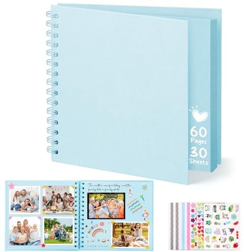 DazSpirit Fotoalbum zum Selbstgestalten, 8-inch Fotobuch zum Einkleben, Quadratisches Hardcover-Scrapbook und Gästebuch Geburtstag für Abschluss, Hochzeit, Babys, mit 5 Aufkleber, 60 Seiten, Blau