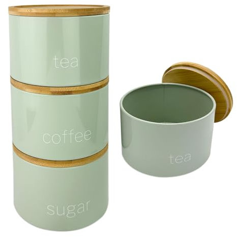 3 Pieces Jar with Wooden Lid Tea Coffee Sugar Canister Storage Container Bowl Pots Kitchen Storage Tins (Sage)