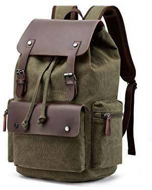 Rufun Mochila Vintage de Cuero y Lona, Gran Capacidad Multi-Bolsillos para Universidad, Viajes & Trabajo (Verde oliva)