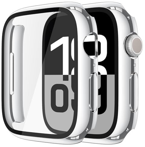 Misxi 2 Piezas Funda Protectora de PC con Protector Pantalla de Vidrio Templado para Apple Watch Series 11 Series 10 42mm, Ultrafino Cubierta de Protección para iWatch, 1 Plata + 1 Transparente