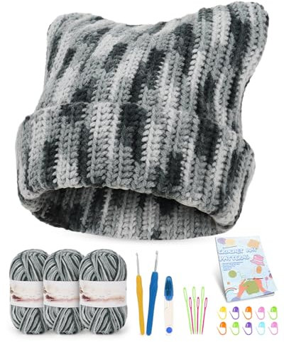 Aeelike Mütze Häkelset für Anfänger, Starter Häkelset mit 2 Pcs Häkelnadeln 3,5mm 4,0mm, Häkelgarn, Zubehör, Niedlich Häkeln für Anfänger Set mit Schritt-für-Schritt-Anleitung, Grau Häkel Set