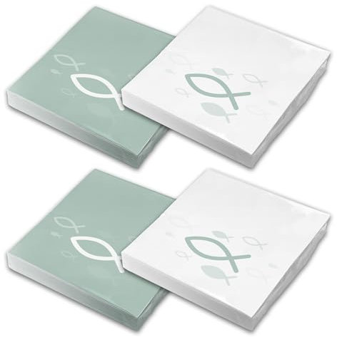 itenga Servietten Fisch 30 x 30 cm 3-lagig 80 Stück für Taufe Kommunion Konfirmation Jungen und Mädchen (Mix Pack - weiß und eukalpytus grün)