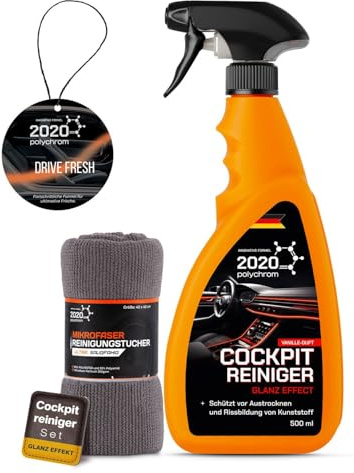 2020 Polychrom Cockpitspray Auto 500ml Set mit Mikrofasertuch, UV-Schutz | Gegen Verblassen, für Armaturenbrett, Lenkrad, Innenraum & Zubehör, antistatisch, staubabweisend, Vanille-Duft, glänzend