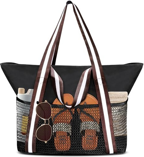 Keyck Strandtasche Damen Beach Tote Bag mit Reißverschluss, Große Wasserdicht Mesh Badetasche Familie Faltbar Saunatasche Handtasche Gross Umhängetasche für Strand Reisen Pool Urlaub, Schwarz