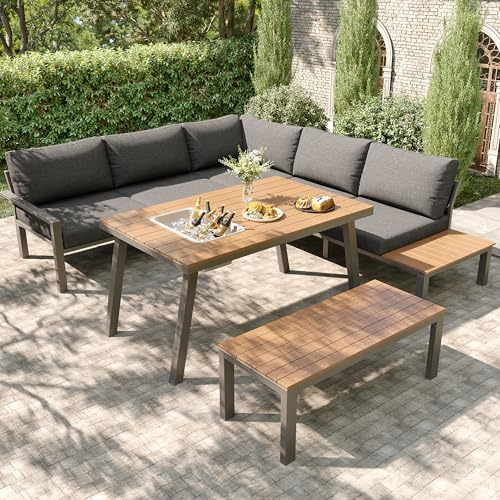 Kayan Garten-Lounge-Set für 6-7 Personen, geeignet für Garten, Balkon, Terrasse, wetterfeste Sitzgruppe, Essgruppe, modernes Gartenmöbel-Set, Gestell aus verzinktem Eisen, Tischplatte mit Eiskübel