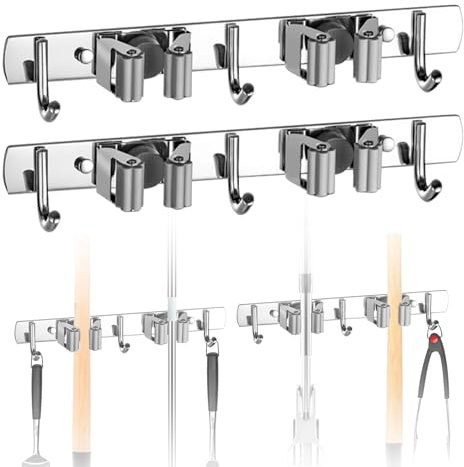 DHSWNNG 2 Pcs Broom Mop Holder, Self Adhesive Broom Holder Wall Mounted Mop Hanger with 6 Hooks and 4 Racks Stainless Steel Broom Storage for Kitchen (Grey)