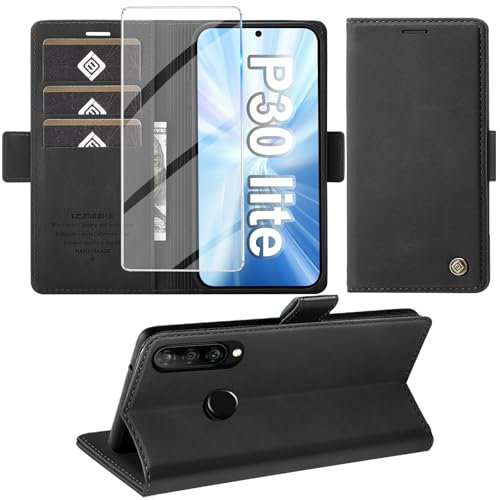 Funda para Huawei P30 Lite funda con cristal templado, Premium piel sintética cartera ranura para tarjeta RFID antirrobo función soporte Flip Case, antigolpes para Huawei P30 Lite 5G Cover (negro)