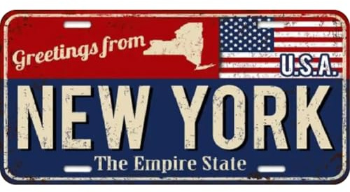 Vintage New York Metal Wall Sign - Retro USA License Plate Style Decor with Empire State Outline & American Flag - 12x6 Inch Rustic Tin Sign for Home, Bar, Cafe & NYC Themed Decor