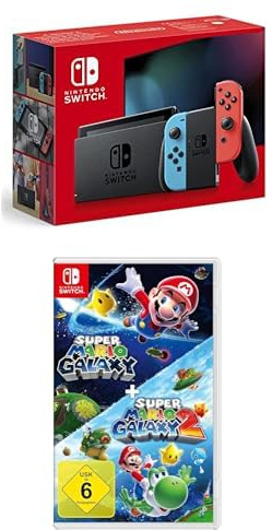 Nintendo Switch-Konsole Neon-Rot/Neon-Blau + Super Mario Galaxy + Super Mario Galaxy 2