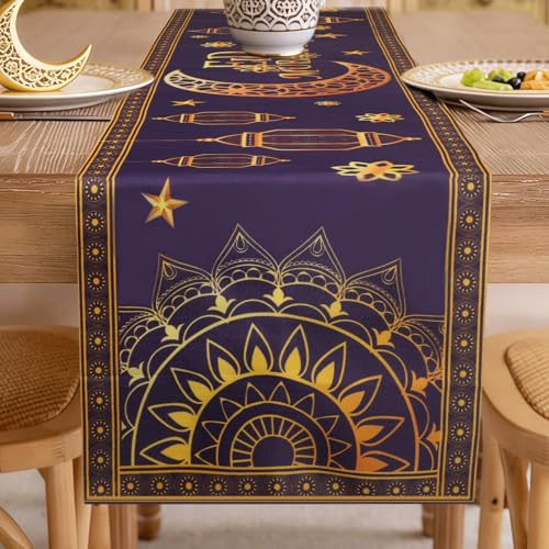 Bigqin Eid Mubarak Tischläufer, Ramadan Tischband Lila, Polyester Eid Deko Tischdecke mit Sterne Laternen Muster, Muslimischer Islam Eid Adha Festival Party Iftar Tisch Dekorationen - 180 x 34,5 cm