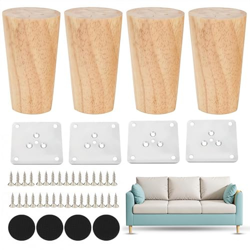 Coztie Möbelfüße Holz, 4 Stück Holz Tischbeine 10 cm Konisch Möbelbeine Ersatz, Möbelfüße Tischbeine mit Montageplatten und Schrauben für Sofa Bett Schrank Stuhl Tisch Holzfarbe (8, Gerade-10cm)