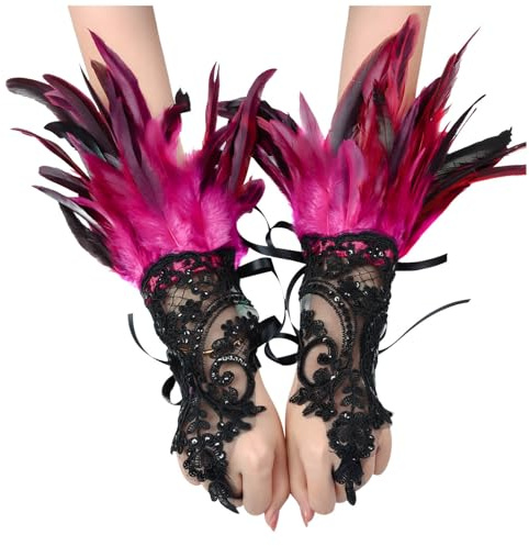 Pfau Kostüm Damen Spitze Feder Handschuhe 20er Jahre Gothic Federmanschetten Karneval Kostüme Frauen Kostümzubehör Vintage Federarmband Manschetten für Faschingsball Oper Rollenspiel Party Zubehör