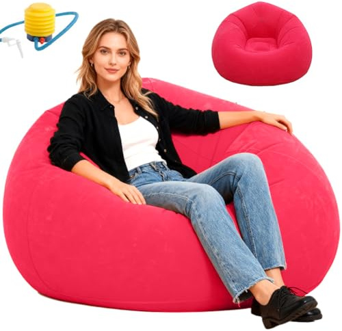 CEWROM Air Sofa Aufblasbarer Sessel Ohne Bohnen Sitzsack Superweich Waschbar Aufblasbares Sofa mit Beflockter Oberfläche, Tragbarer Luft Liegestuhl für Wohnzimmer Schlafzimmer Camping Outdoor (Rot)