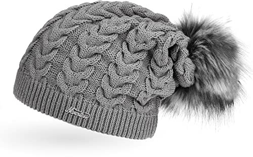 Neverless Coole Damen Strickmütze Strick-Beanie gefüttert mit Fell-Bommel, Winter-Mütze, Bommelmütze, Hellgrau Unisize
