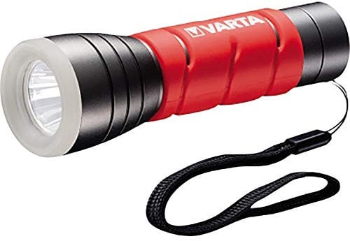 VARTA Taschenlampe LED inkl. 3x AAA Batterien, Outdoor Sports F10 Leuchte, Lampe mit zwei Leuchtmodi, Taschenleuchte mit gummiertem Griff, sehr robust, rot