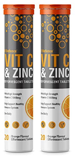 Vitamin C 1000mg & Zinc 15mg Orange Flavour Effervescent Tablets by Club Vits (2 Tubes of 20 Tablets)