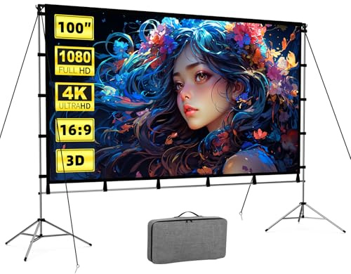 Pantalla de proyector con soporte, monitor de proyección plegable portátil de 100 pulgadas 16:9 HD 4K pantalla de película para proyector para interiores y exteriores con estuche de transporte para