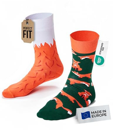 Many Mornings - Mismatched Socken - Lustige Socken Unisex - Fuchs Socken - Geschenkidee - Design: The Red Fox - Made in EU - 35-38