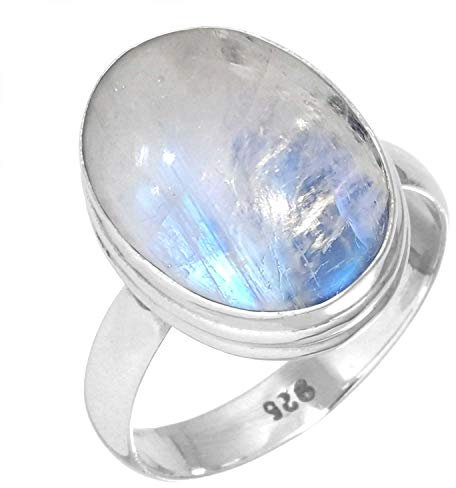 Jeweloporium Silberring mit weißem Mondstein, Größe 56 (17,8), 925er Sterlingsilberring für Damen, natürlicher, klobiger ovaler Stein, handgefertigter Schmuck