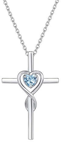 Damen Halskette mit Unendlichkeit Symbol Kreuz Anhänger Kette Infinity aus 925 Sterling Silber mit Synthetischer Aquamarin Edelstein Herz Form März Geburtsstein - Verstellbar Kettenlänge: 40 + 5 cm