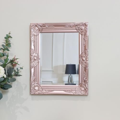 Melody Maison Ornate Rose Gold Pink Wall Mirror with Bevelled Glass 42cm x 53.5cm, French Vintage, Antique Baroque Style for Bedroom, Hallway, Bathroom
