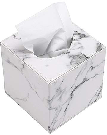 BSTKEY Cubo quadrato in pelle PU per uso domestico e ufficio porta fazzoletti di carta velina scatola copertura portatovaglioli (marmo bianco)