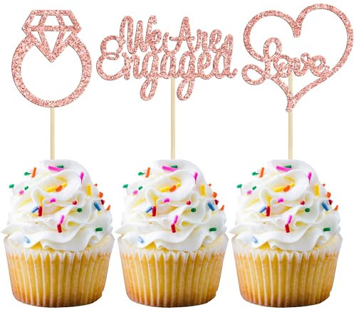 Gyufise Rose Gold Glitter We're Engaged Cupcake Topper Glitter Wedding Engagement Diamond Love Cupcake Picks Bridal Shower Theme Party Cake Decorations Supplies Rose Gold