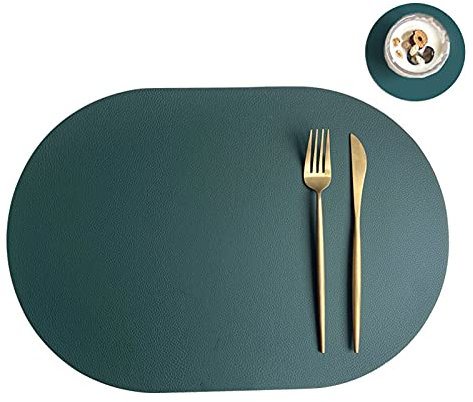 Oval Tischsets Abwischbar, Leder Kunstleder Platzset Zweifarbig Wasserdicht Platzdecken mit Untersetzer ür Hause Küche Restaurant (Grün/Beige,6 Stück)