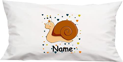 Kuschelkissen Schnecke mit Wunschnamen Tiermotiv Herzen Sterne, Kinderzimmer Kuscheln, Kopfkissen Dekokissen mit Füllung, Größe 40X80cm, Farbe weiß