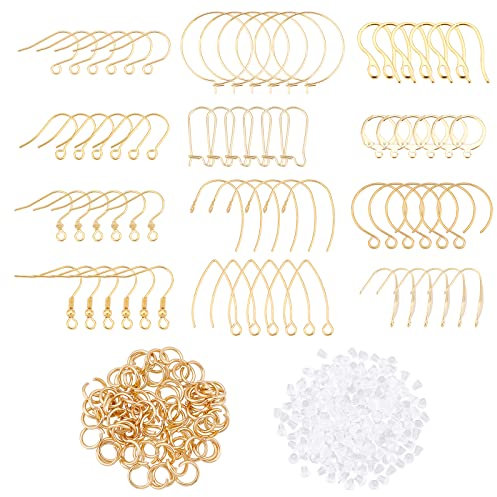 DICOSMETIC 72Pcs 12 estilos ganchos Pendientes Acero Inoxidable de Varios Ganchos Alambre Oreja Accesorios Pendientes Dorados con 80 anillos de Salto de 5mm Y 200 tuercas para la Fabricación de Joyas