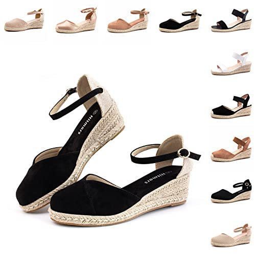 Hitmars Sandalias Mujer Verano Plataforma Alpargatas Cuñas Esparto Cerradas Planas Zapatos Tacón Medio Fiesta Tiras Vestir Punta Moda Negro 38 EU