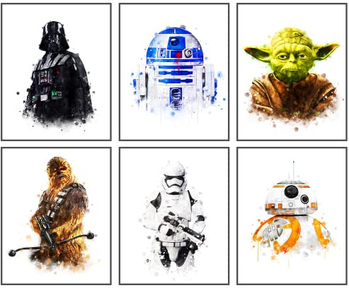 HT LIFE Star Wars Poster für Wände, Star Wars, Poster, Aquarelldrucke, Set mit 6 ungerahmt (20,3 x 25,4 cm), Kinderzimmer-Dekoration, Wandkunst, Darth Vader Yoda, Schlafzimmer, Wohnzimmer, Badezimmer