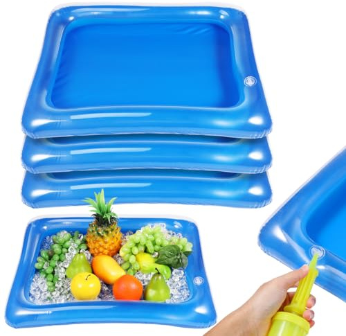 DOITOOL 4 Pcs Inflatable Ice Bar Tray - 60x45cm Portable Transparent | Blue Drink and Food Cooler Server, 60x45x13cm Floating Salad Bar for Indoor Outdoor Parties, BBQs, Pool Events and Weddings