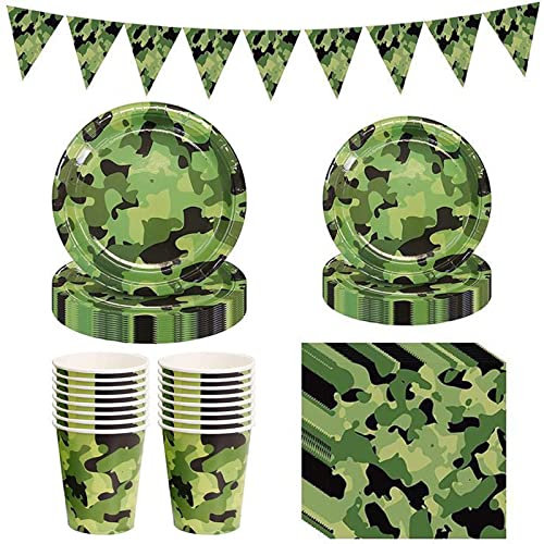 Hoshisea 65 Stück Camouflage Pappteller Set, Camouflage Partygeschirr, Camouflage Party Dekorationen, für Camo-Geburtstagsfeier, Camo-Themenparty, Tarnung Dekoration