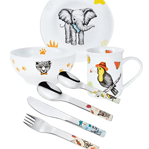 Sterngraf Kinderset Natura Dschungel-Tiere 7tlg. mit Gravur auf der Besteck-Rückseite (z.B. Namen) Kinderbesteck + Kindergeschirr (Teller, Schale, Tasse)