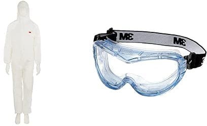 3M 45104XL Schutzanzug, Typ 5/6, Größe 4XL, Weiss & 3M Vollsichtschutzbrille Fahrenheit FheitAF – Schutzbrille mit AS, AF & UV Beschichtung – Ideal für das Tragen mit Atemschutzmasken oder Brillen