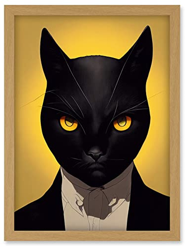 Doppelganger33 LTD Le Chat Noir Black Cat Tuxedo Yellow Portrait Artwork Framed Wall Art Print A4