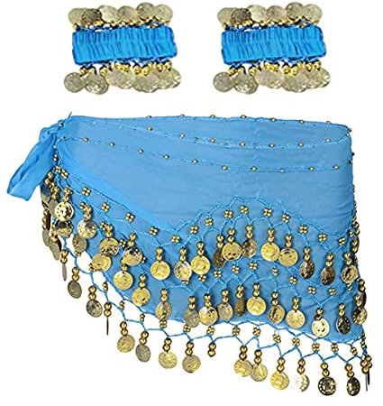 Bauchtanz Hüfttuch mit Armband, 128 Münzen Bauchtanz Rock Wrap Gürtel mit Handgelenk Knöchel Armbänder, Tanz Rock Gürtel Taille Kette für Bauchtanz, Zumba oder Yoga-Klasse, Performance-Kostüm